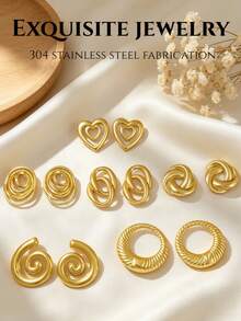 12 Pieces / 6 Pairs. Summer Golden Ladies' Ear Ring Set. Includes Round Earrings With Double-Heart Hollow Design And Double-Loop Design. Suitable For Daily Vacation And Casual Wear. - Stainless Steel Set - View 4
