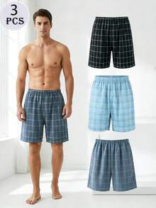 3条装加大码男士针织格子休闲短裤，弹性腰带，舒适休闲，适合春夏穿着，可作睡衣短裤，也适合度假、居家休闲穿着，是馈赠佳品。 - 彩色 - 查看 1