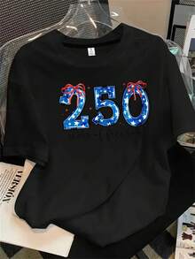 Top de mujer de manga corta y cuello redondo con estampado de números y estrellas, apto para todas las estaciones. - Negro - Ver 1