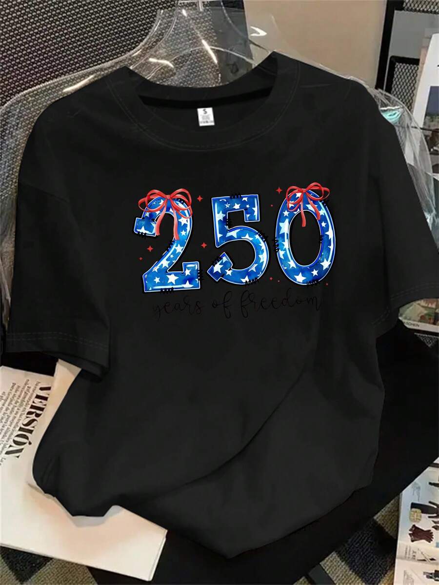 Top de mujer de manga corta y cuello redondo con estampado de números y estrellas, apto para todas las estaciones. - Negro - Ver 1