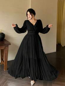 Vibekara Vestido largo de manga larga con escote en V y espalda descubierta, vestido elegante y fluido de estilo griego de diosa blanca - Negro - Ver 1