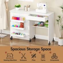 Sewing Table, 2-In-1 Folding Hobby Craft Table, Sewing Machine Desk With Open Storage Shelves And Rolling Casters, Sewings Machine Cabinet Computer Desk Workstation For Home Office - White - View 3