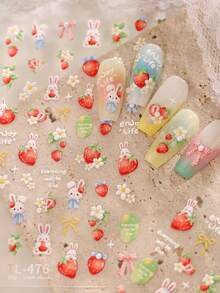 1pc 5D Pearl Kawaii Rabbit Strawberry Nail Art Stickers Exquisite Cartoon Rabbit Strawberry Flower Flower Adhesive Manicure Decorations Decal Accessories DIY - Multicolor - View 3