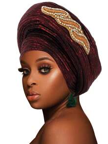 1pc African Gele Style Turban, Shiny Velvet Rhinestone Embellished Head Wrap Cap - F - View 16
