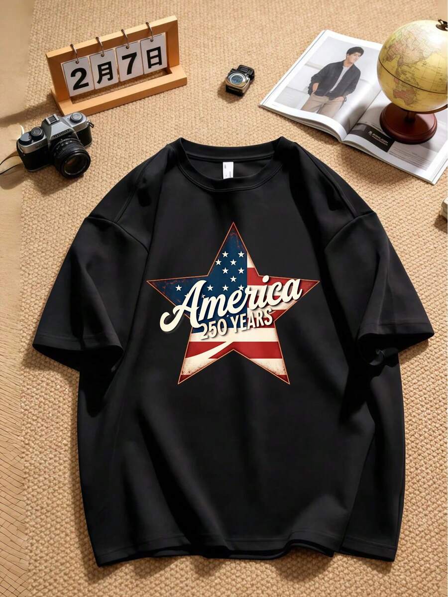 Short-Sleeved Garment With A Simple Frame Pattern For The US 250th Anniversary, For Everyday Wear. R9MW - 駝色 - 查看 1
