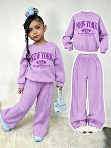 Young Girl Letter Print Crew Neck Sweatshirt And Sports Pants Casual Suit - Purple - View 1