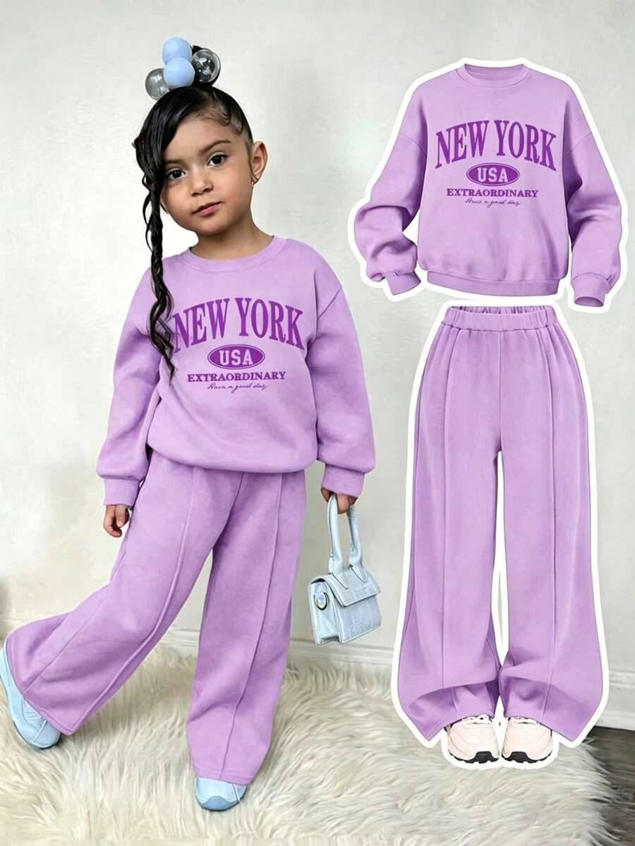 Young Girl Letter Print Crew Neck Sweatshirt And Sports Pants Casual Suit - Purple - View 1