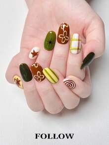 10 piezas de uñas postizas cortas ovaladas hechas a mano, estilo lindo, verde, marrón, amarillo, patrón de rayas, flores y estrellas pintadas a mano, adecuadas para mujeres y niñas para uso diario, fiestas, oficina, set de arte de uñas reutilizable con herramientas para uñas - Verde Lima - Ver 4