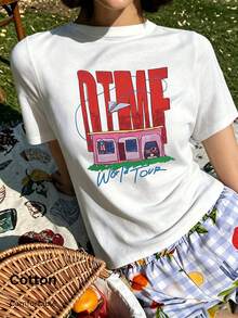 夏季圓領 DTMF 圖案修身正肩 T-shirt，度假旅行海灘穿搭 - 白色6 - 查看 6
