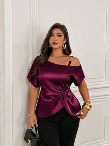 Plus Size Regular Length Shirt, Made Of Non-Stretch Fabric, Off-Shoulder Design, Short Sleeve Style, Suitable For Any Occasion - Burgundy - View 3