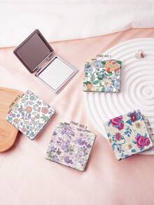 1pc Portable Folding Compact Mirror, Floral Design, Stainless Steel Frame With Nano Electroplating, Suitable For Various Occasions - Multicolor - View 2