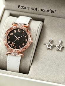 2pcs Women's Watch & Jewelry Set, Rose Gold Rhinestone Flower Dial Quartz Wristwatch With Star Stud Earrings, Valentine's Day & Birthday Gift - Multicolor - View 2