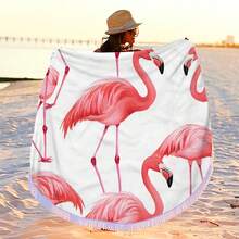 1pc Summer Flamingo Pattern Oversized Beach Towel, Round Beach Blanket, Home Decor, Suitable For Beach, Swimming Pool, Camping And Travel, Ultra Comfortable - Style5 - View 1