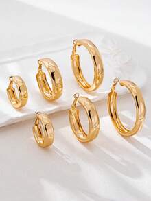 3 Pares/Set de Aretes de Aro Geométricos Circulares con Diseño Minimalista de Moda - Amarillo Oro - Ver 3