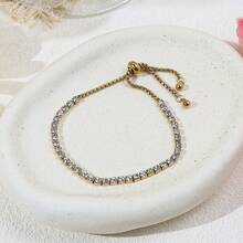 1pc Fashionable Luxury Stainless Steel 3mm Cubic Zirconia Single Row Fully Paved Adjustable Tennis Bracelet, Suitable For Women - Tennis Bracelet - View 5