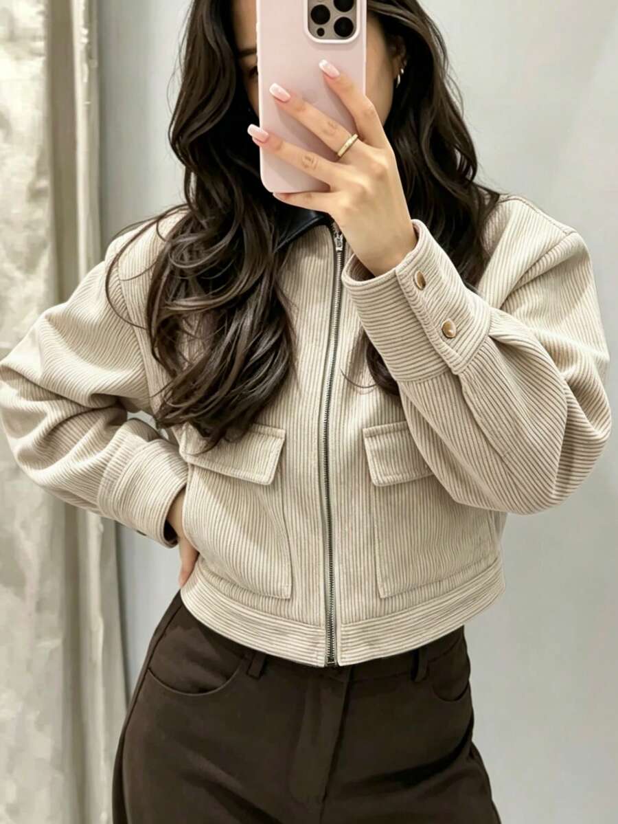 Women's Fashion Commuter Solid Color Corduroy Patchwork PU Pocket Zipper Long Sleeve Cropped Jacket - Apricot - View 1