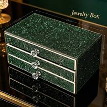 1 pieza Joyero con 3 cajones con diamantes de imitación, caja de almacenamiento de joyas de gran capacidad y multifunción, caja de almacenamiento lujosa y brillante, organización de joyas, joyero decorativo, joya, regalo, distribución, caja, caja de almacenamiento de accesorios, regalo para mujeres (negro) - Negro - Ver 15