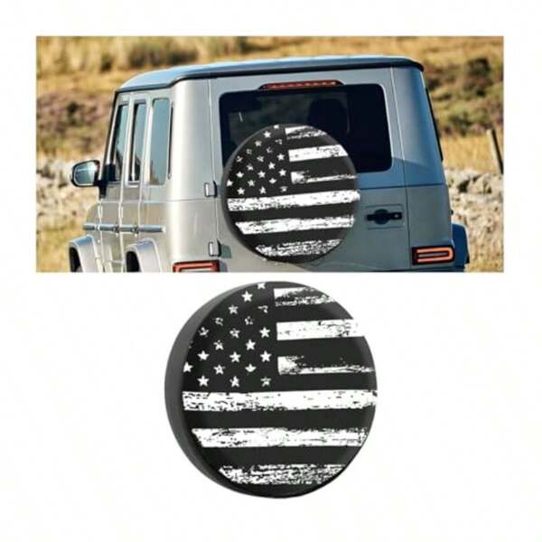 Car Spare Tire Cover, PVC American US Flag Waterproof Dust Proof Vehicle Wheel Cap, Patriotic Auto Exterior Tyre Protection Accessories, Universal For SUV Camper Truck White/14 Inches