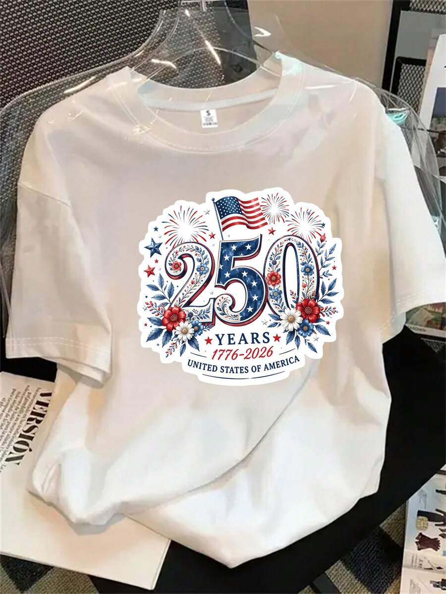 Camisa de mujer de manga corta y cuello redondo con estampado del logo que conmemora el 50 aniversario de la unificación de los Estados Unidos, apta para todas las estaciones. - Blanco - Ver 1