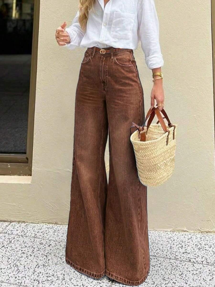 Pantalones vaqueros de pierna ancha y larga de mujer, elegantes y casuales, con estiramiento, para primavera - Marrón Mocha - Ver 1