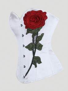 1pc Women Plus Size Rose Applique Solid Color Sexy Corset Bone Color Smooth Fabric Vintage Tight Bustier Top Valentine's Day Outfit Shaping - White - View 2