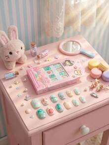 24pcs Spring/Summer Children's Press-On Fake Nail Stickers, Full Coverage Effect, Featuring Shiny And Cute Pattern Designs (Light Blue Starfish, Seahorse Coral, Crab, Wave Ripple, Beach Umbrella, Jellyfish) Elements, Suitable For Children's Pre-Glued Nail Stickers, Full Coverage Small Nail Tips, Perfect For Girls' Gifts, Birthday Parties And Makeup Decoration - Sky Cloud Theme - Summer Ocean Hand-Drawn Theme - Multicolor - View 3