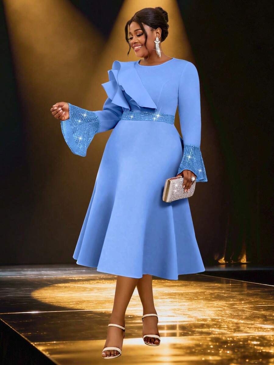 Vestido midi azul de línea A para mujer talla grande, mangas largas acampanadas con lentejuelas, diseño de cuello con volantes, adecuado para bodas, galas y otras ocasiones de fiesta de primavera - Azul - Ver 1
