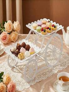 1pc White Lace 2-Tier Dessert Stand With Wheels, Indoor Afternoon Tea Cake Display Tray, Wedding Service Cart With Wheels, Party Decor And Utensil Rack - White - View 2