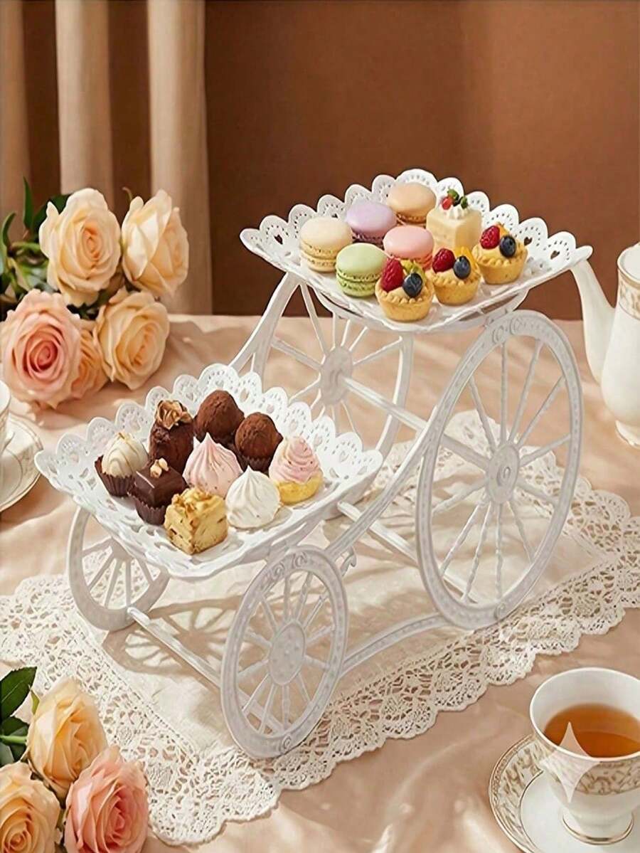 1pc White Lace 2-Tier Dessert Stand With Wheels, Indoor Afternoon Tea Cake Display Tray, Wedding Service Cart With Wheels, Party Decor And Utensil Rack