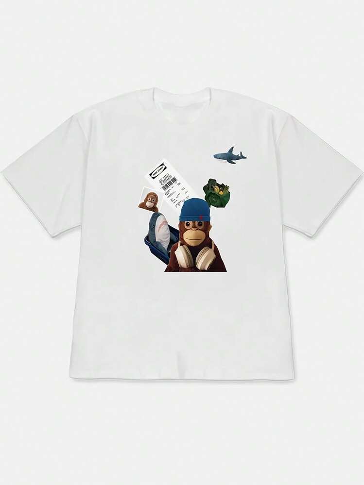 Cute Y2K Style Summer Top. 1pac. Cute Y2K Style Summer Top. 100% Cotton Short-Sleeved T-Shirt With Dropped Shoulders, Featuring An Orangutan Wearing A Blue Hat And Headphones, A Small Orangutan Photo, An Embroidered Shark Puppet, A Shopping Basket, A Shopping Bag, A Shark Pattern Collage Illustration On A White Short-Sleeved T-Shirt. Korean And Cool Collage, Interesting Style, Comfortable And Skin-Friendly. Korean And Cool Collage, Enthusiastic Fan, Casual Outing Scene, Unisex Short-Sleeved T-Shirt, Couple Style. Perfect For Casual Wear. - White - View 1
