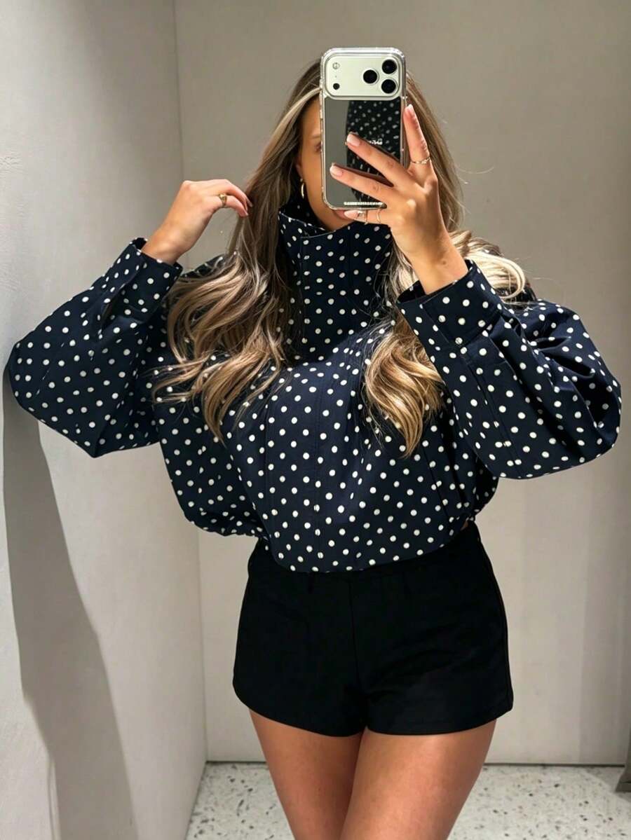 Chaqueta de mujer con lunares blancos y azules, chaqueta corta ligera y casual con cremallera para primavera/verano - Azul - Ver 1