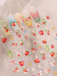 1pc 5D Pearl Kawaii Rabbit Strawberry Nail Art Stickers Exquisite Cartoon Rabbit Strawberry Flower Flower Adhesive Manicure Decorations Decal Accessories DIY - Multicolor - View 2