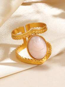 1pc Stainless Steel Fashionable Green Oval Ring, Suitable For Daily Wear - Multicolor - View 3