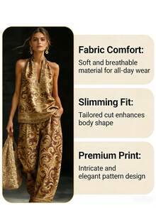 Women Plus Size Summer Spring Look Top Elastic Wide Leg Pants Set Baroque Cscroll Pattern Print Suitable Vacation Casual Formal Wear - Mixed Colors - View 5