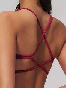 NcmRyu Women's One Set Solid Color V-Neck Multi-Strap Crisscross Back Hollow Out Backless Sports Bra High-Waist Flare Pants Sports Set - Red - View 10