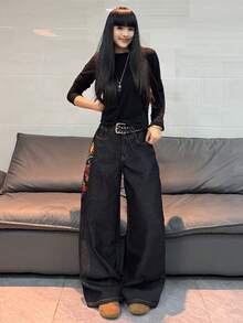 1件美式街頭風女款刺繡寬鬆寬腿牛仔長褲，四季休閒度假款 - 黑色 - 查看 5