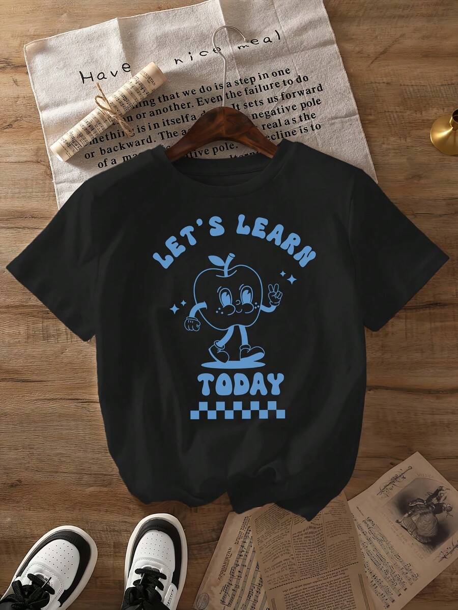 Women's 100% Cotton T-Shirts 2026 Vintage Teacher Graphic Print T-Shirt, Short Sleeve, Round Neck, Casual Top For Summer And Spring - 黑色 - 查看 1