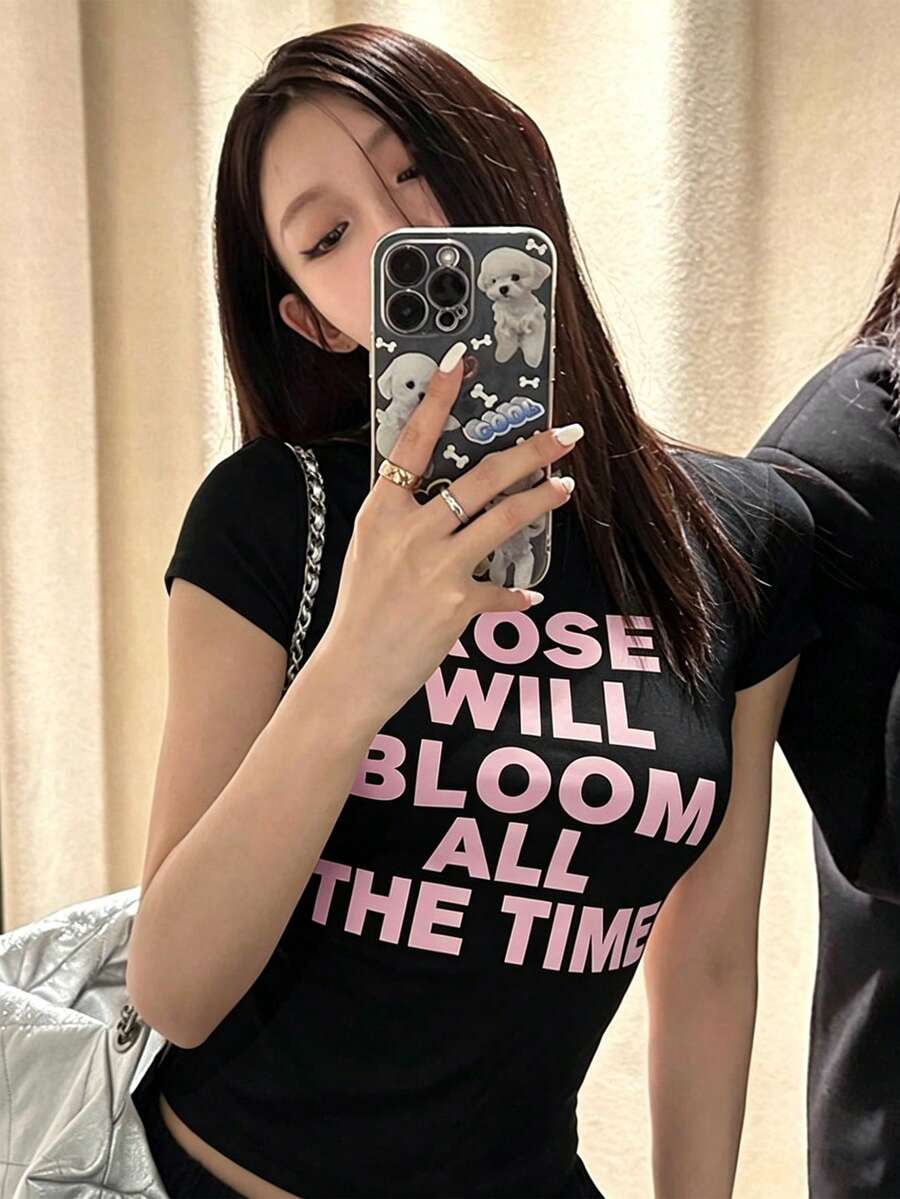 女款圓領短袖T恤,夏季新款字母印花,美式辣妹風,時尚休閒百搭修身短版上衣 - 高級黑 - 查看 1