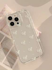 1pc Minimalist White Bow Pattern Airbag Anti-Slip Soft Phone Case Suitable For 17promax/16promx/15promax/13/15/16/17pro/14/11/17Pro/16Pro - Clear - View 3