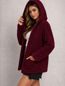 Women's Teddy Animal Print Hooded Jacket – Leopard Style With Fur Pockets - Everyday Wear - 酒紅色 - 查看 2