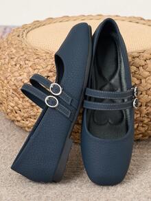 2026 New Women's Dark Brown Square Toe Mary Jane Shoes, Unique Double Strap Buckle Design, Versatile For Commuting, Elegant Fashion, Casual Minimalist - Navy Blue - View 2