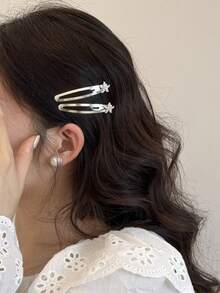 2pcs Niche Design Rhinestone Starfish Gentle Metal BB Hair Clips, Minimalist Versatile Bangs Side Hair Clips - Multicolor - View 2