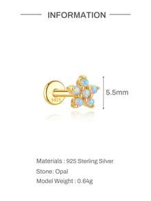 1Pc S925 Sterling Silver Flowers Opal Nose Stud Flat Back Hypoallergenic Cartilage Body Piercing Jewelry Nose Rings For Women Men Daily Wear & Gifts - Gold - View 7