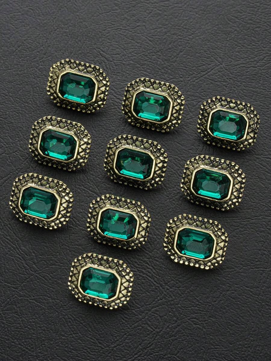 10pcs/Pc Vintage Square Faux Gemstone Metal Buttons, Suitable For Clothing Sewing, Sweater, Cardigan, Jacket Decoration, DIY Gift Box, Handmade Crafts