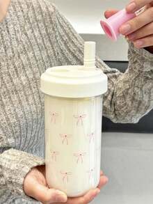 500/700ml 大容量咖啡杯，簡約粉色蝴蝶結塑膠水杯附蓋與吸管，運動水杯，可重複使用派對飲用杯，返校用品 - 彩色 - 查看 5
