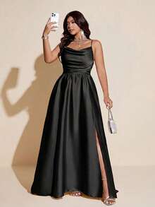 Viva Relle Vestido elegante y romántico para mujer de talla grande, ideal para fiestas/bodas, ligero, con tirantes finos, escote pronunciado, cintura ceñida en línea A, abertura alta, vestido fluido, vestidos formales dorados de primavera/verano para mujer, elegante vestido de satén largo con abertura, vestido largo con abertura, vestido de satén elegante para mujer, vestido formal elegante de color champán, vestido de cuello caído, vestido con abertura, vestidos de gala elegantes, vestidos de gala, vestidos de gala de satén, vestido formal largo, vestido de fiesta elegante - Negro - Ver 1