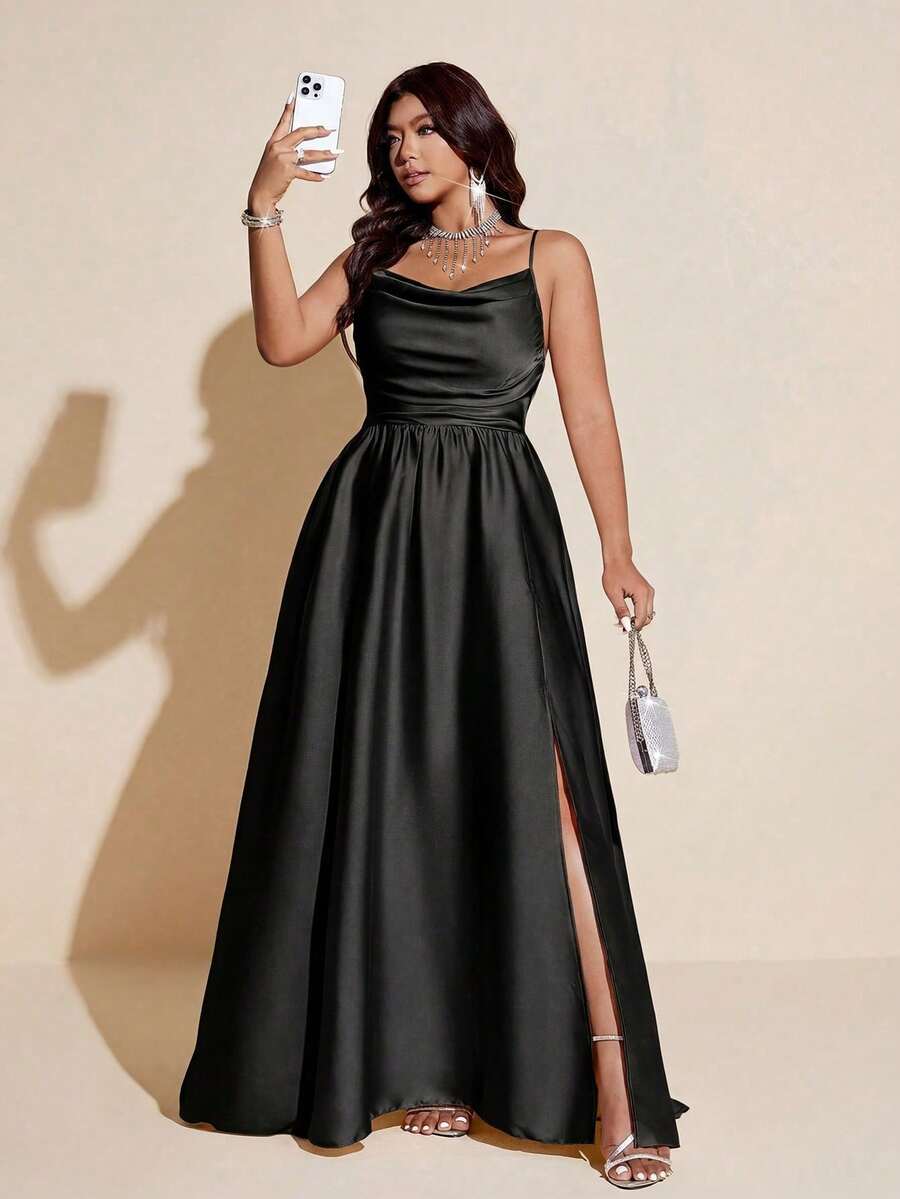 Viva Relle Vestido elegante y romántico para mujer de talla grande, ideal para fiestas/bodas, ligero, con tirantes finos, escote pronunciado, cintura ceñida en línea A, abertura alta, vestido fluido, vestidos formales dorados de primavera/verano para mujer, elegante vestido de satén largo con abertura, vestido largo con abertura, vestido de satén elegante para mujer, vestido formal elegante de color champán, vestido de cuello caído, vestido con abertura, vestidos de gala elegantes, vestidos de gala, vestidos de gala de satén, vestido formal largo, vestido de fiesta elegante - Negro - Ver 1