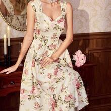 LunaCass8  Vestido elegante vintage de mujer con bolsillos, vestido con estampado floral, cuello en forma de corazón, vestido casual de vacaciones, vestidos de verano para mujer, conjuntos de vacaciones de verano, atuendos de primavera para mujer, vestidos de primavera para mujer, ropa de primavera para mujer, atuendos de vacaciones de primavera, ropa de primavera para mujer, vestidos elegantes para fiestas, vestidos elegantes para fiestas para mujer, vestido de invitada de boda, vestido de fiest - Rosa - Ver 5