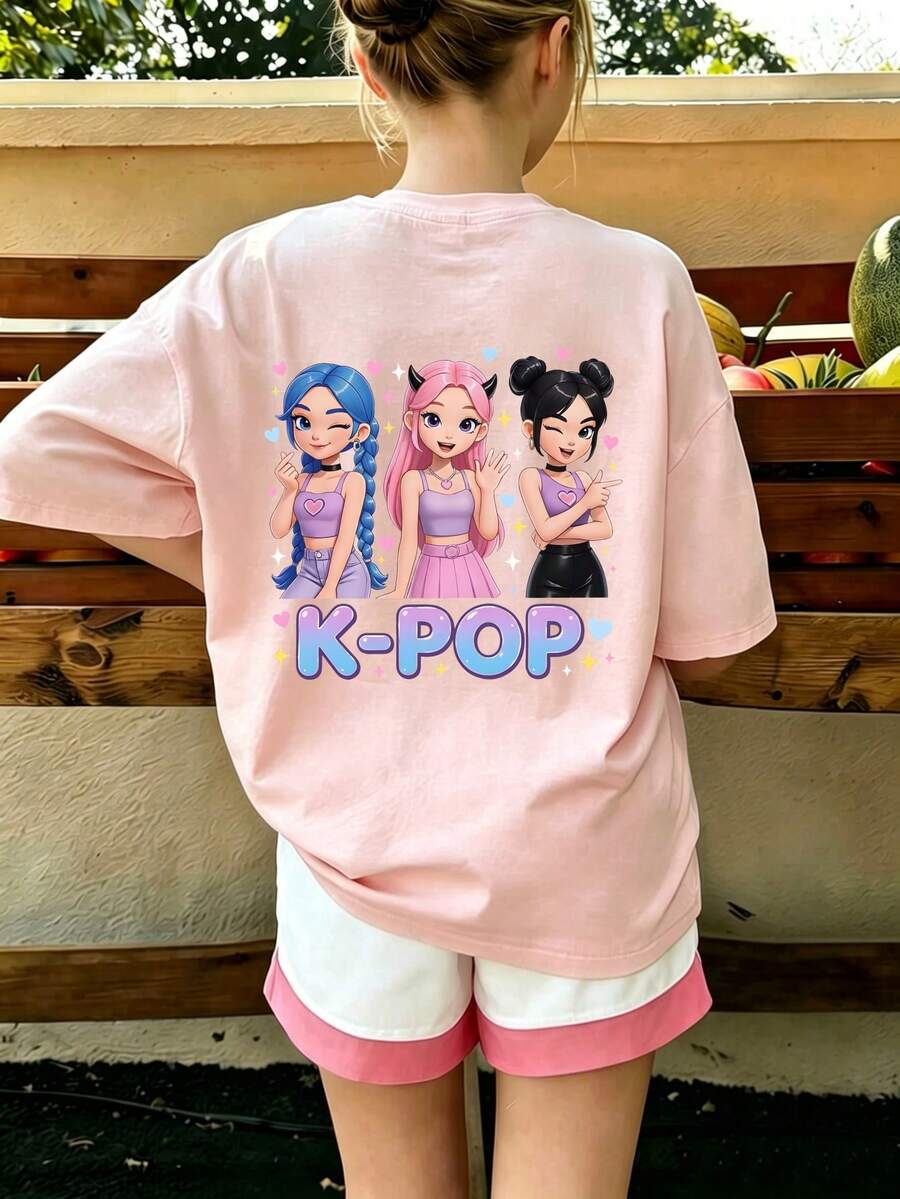 青少年女孩K-POP圖案夏季寬鬆短袖T恤,青少年女孩上衣,週末出遊/日常玩樂/返校/戶外運動,時尚女孩春夏休閒百搭上衣 - 粉色 - 查看 1