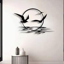 Tranh treo tường acrylic tối giản hình tròn mặt trời lặn & chim bay, thiết kế bóng đổ với gợn sóng nước, phong cách Bắc Âu đơn giản cho phòng khách - A - Xem 4